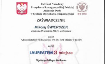 Trzecie miejsce ucznia „Piątki” w ogólnopolskim konkursie historycznym