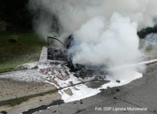Pożar audi na drodze w Lipnicy
