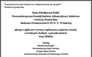 Kondolencje od władz Powiatu Bocheńskiego, Radnych i Pracowników Starostwa