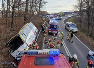 🔴 Wypadek autobusu na DW965. 15 osób uwięzionych w pojeździe – ZDJĘCIA