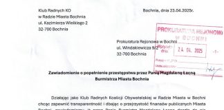 Zawiadomienie do prokuratury na burmistrz Bochni za „niezłożenie wniosku o dotację”