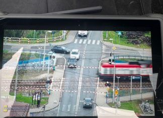 Kontrole z policyjnym dronem na przejeździe kolejowym w Rzezawie