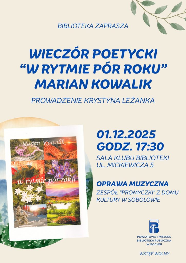 Biblioteka w Bochni. W poniedziałek wieczór poetycki Mariana Kowalika