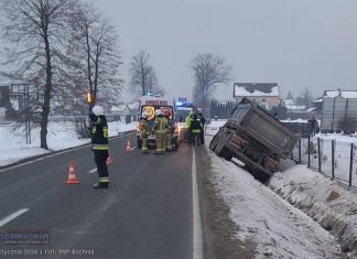 Samochód ciężarowy w rowie na DW 965 w Baczkowie. Jedna osoba trafiła do szpitala