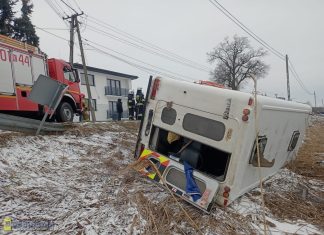 Krzeczów: bus z dziewięcioma osobami wypadł z drogi i przewrócił się na bok