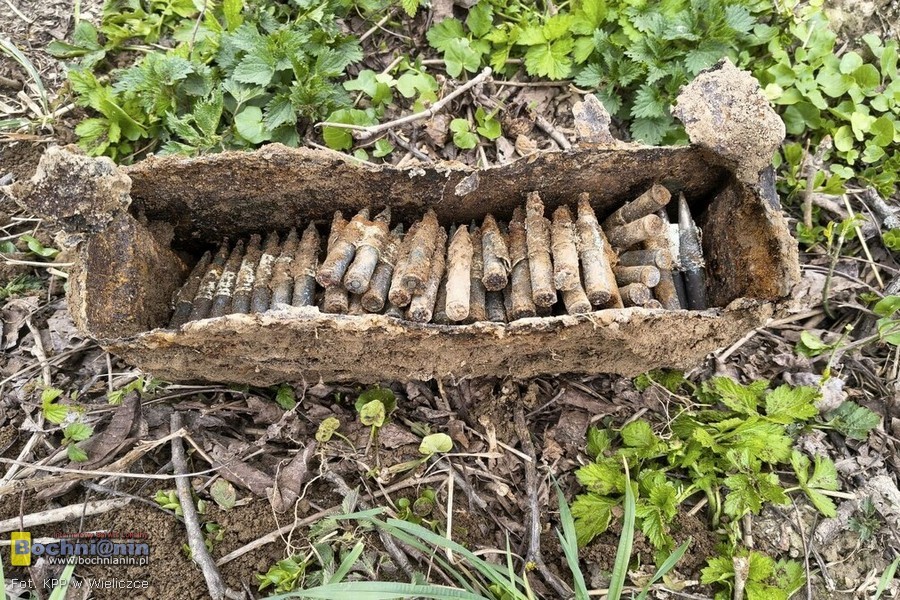 Gdów. Skrzynka z amunicją z czasów II wojny światowej znaleziona w sadzie