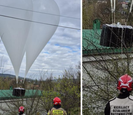 Balony z paczkami znalezione w Iwkowej. Na miejscu strażacy i policja – ZDJĘCIA