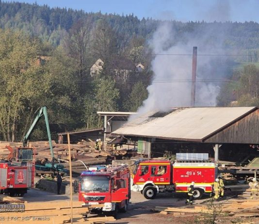 Pożar tartaku w Iwkowej. Na miejscu kilkudziesięciu strażaków